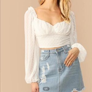 SHEIN ruched dot white cropped blouse
